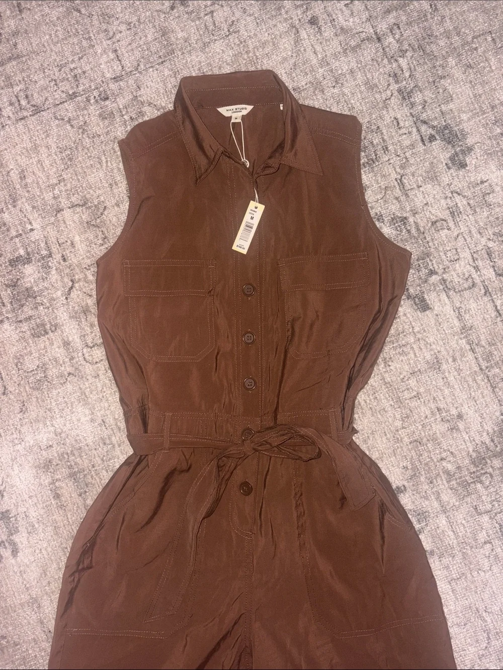 Max Studio Brown Sleeveless Utility Jumpsuit with Tie Waist - Picture 2 of 8